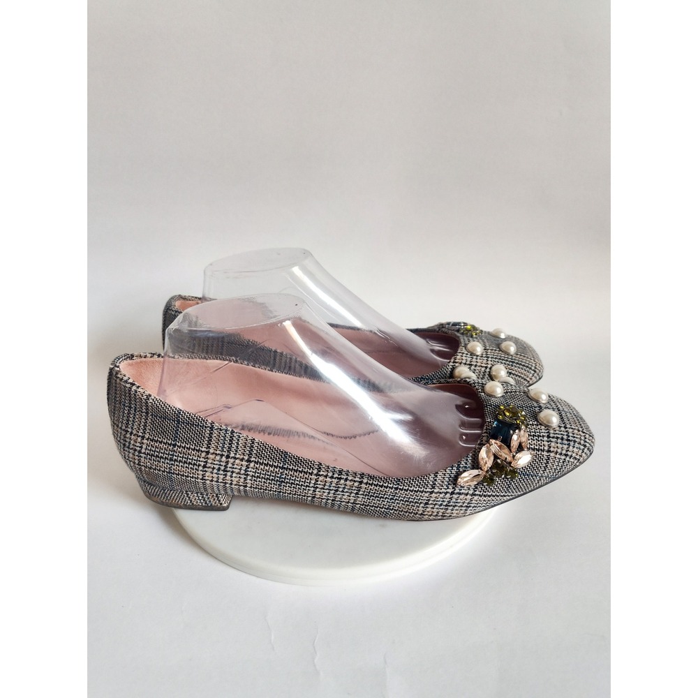 J.Crew Flats 9 Glen Plaid Square Toe Pearl Crystals Jewels Celia Low Block Heel
